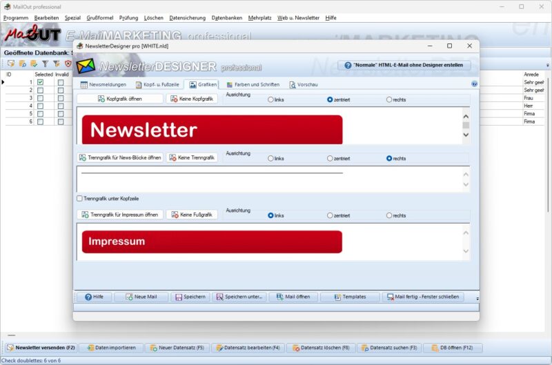 Integrierter Newsletter-Designer für Layout und Inhalte