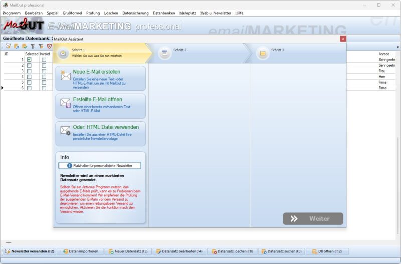 MailOut Oberfläche für Newsletter Versand auf Windows